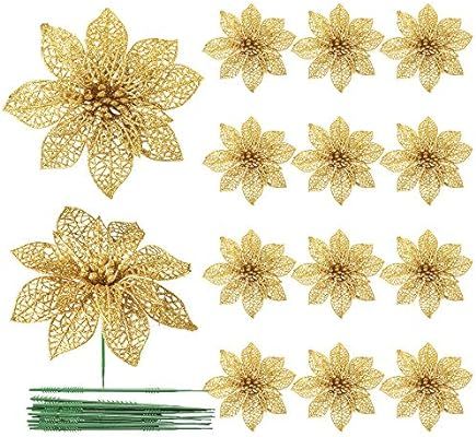 Omldggr 14 Pieces Christmas Glitter Poinsettia Gold Glitter Poinsettia Flowers for Christmas Tree... | Amazon (US)