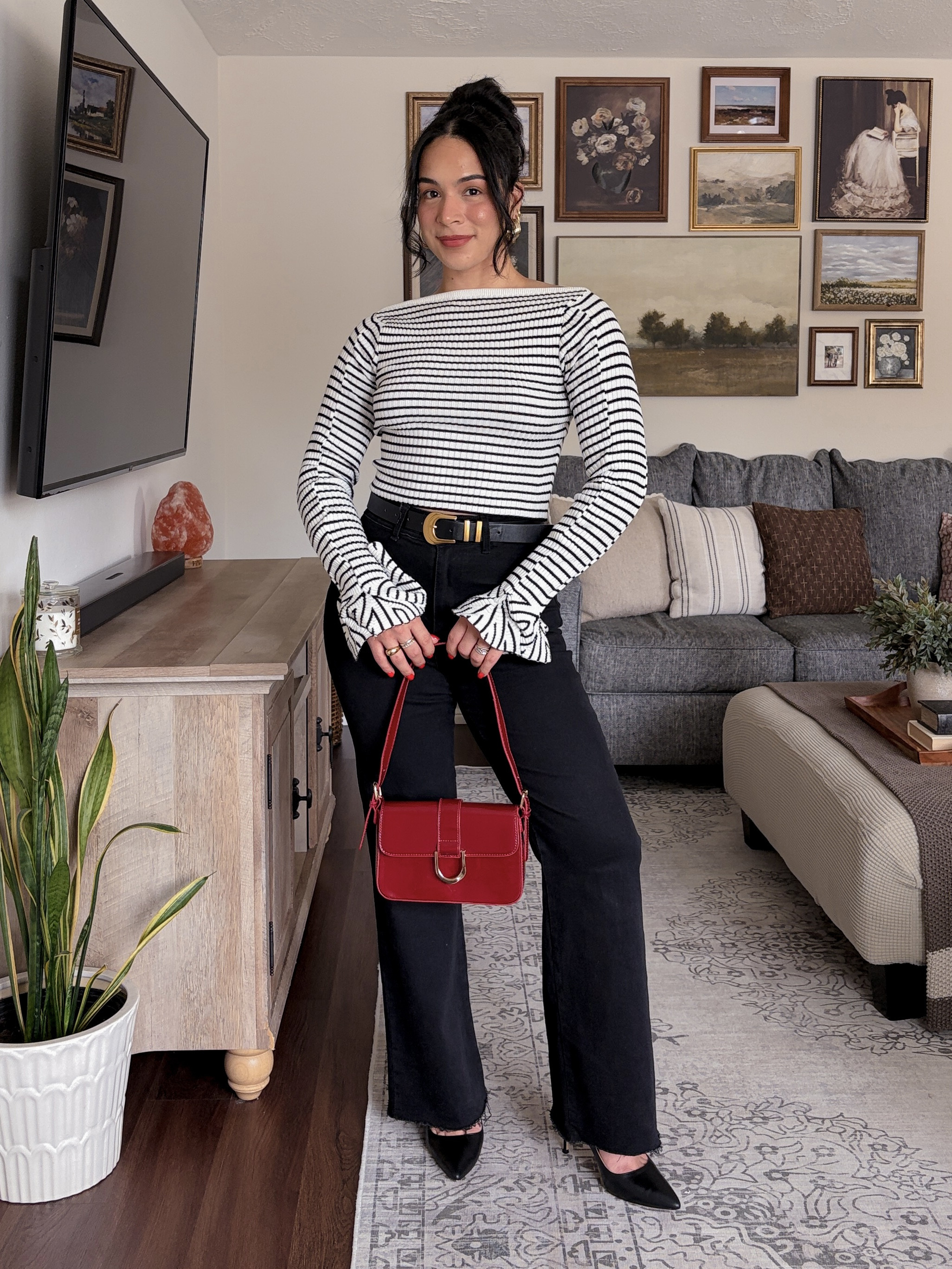 kinda chic ❣️  RIHOAS discount code: oza12RS ✨ striped top, black and white striped top, striped long sleeve top, striped knit top, boat neck top, fitted striped top, black wide leg pants, black wide leg trousers, high waisted black pants, black trousers outfit, wide leg pants outfit, black and white outfit, black and white fashion, red handbag, red shoulder bag, red purse, statement handbag, black pointed toe heels, black pumps, pointed toe heels, gold belt, statement belt, black belt with gold buckle, classic outfit, chic outfit, sophisticated outfit, polished outfit, business casual outfit, work outfit, office outfit, date night outfit, dinner outfit, casual chic outfit, minimalist outfit, timeless style, French style outfit, Parisian style, fall outfit, fall fashion, autumn outfit, winter outfit, transitional outfit, capsule wardrobe, elevated basics, neutral outfit, monochrome outfit, LTK fashion, LTK outfit, outfit inspiration  

 #LTKxWalmart #LTKNYFW #LTKootd