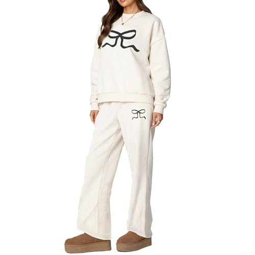 lisenraIn Women Cute 2 Piece Sweatsuit Bow Sweatshirt and Sweatpants Set Spring Fall Casual Y2K Long Pants Loungewear Set (Beige, M) | Amazon (US)