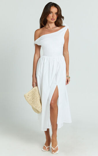 Theadore Midi Dress - Tip Shoulder Fit And Flare Dress in White | Showpo (US, UK & Europe)