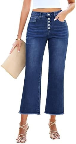 GRAPENT Capri Jeans for Women Trendy High Waisted Wide Leg Flare Button Fly Stretchy Denim Pants ... | Amazon (US)
