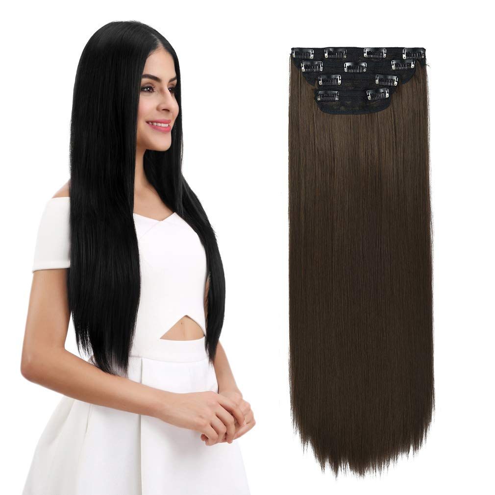 REECHO 26" Straight Super Long 4 PCS Set Thick Clip in on Hair Extensions Medium Ash Brown | Amazon (US)