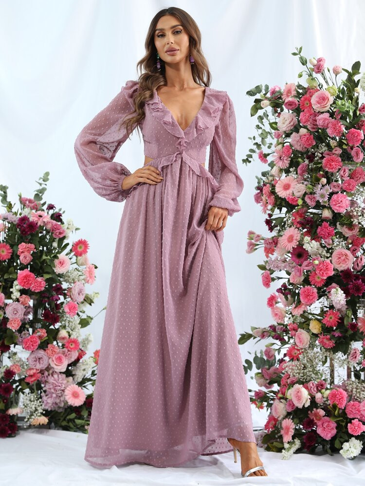 Swiss Dot Ruffle Trim Lantern Sleeve Chiffon Dress | SHEIN