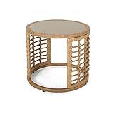 Amanda Outdoor Modern Boho Wicker Side Table with Tempered Glass Top, Light Brown | Amazon (US)