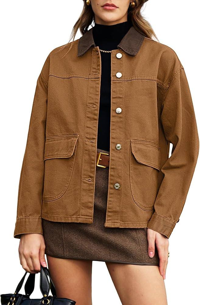 ELLEVEN Oversized Barn Denim Jackets for Women, Boyfriend Contrast Collar Button Down Jean Jacket... | Amazon (US)