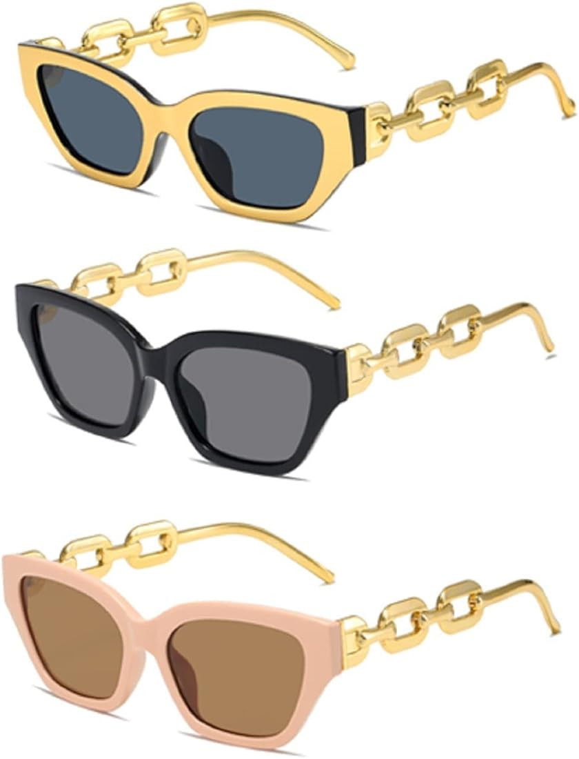 YABINA 3 Pairs Metal Chain Design Cat Eye Sunglasses UV400 Protection | Amazon (US)