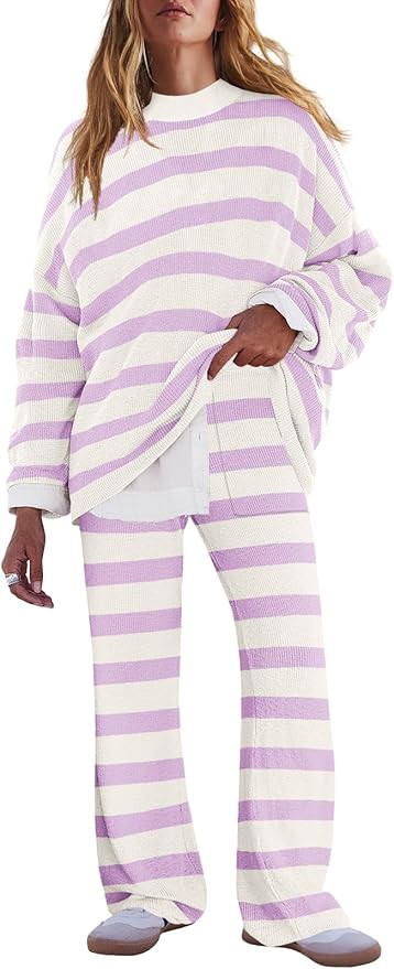 LAMISSCHE Oversized Womens Lounge Set Striped Sweater Set Long Sleeve 2 Piece Pajama Set Top and ... | Amazon (US)