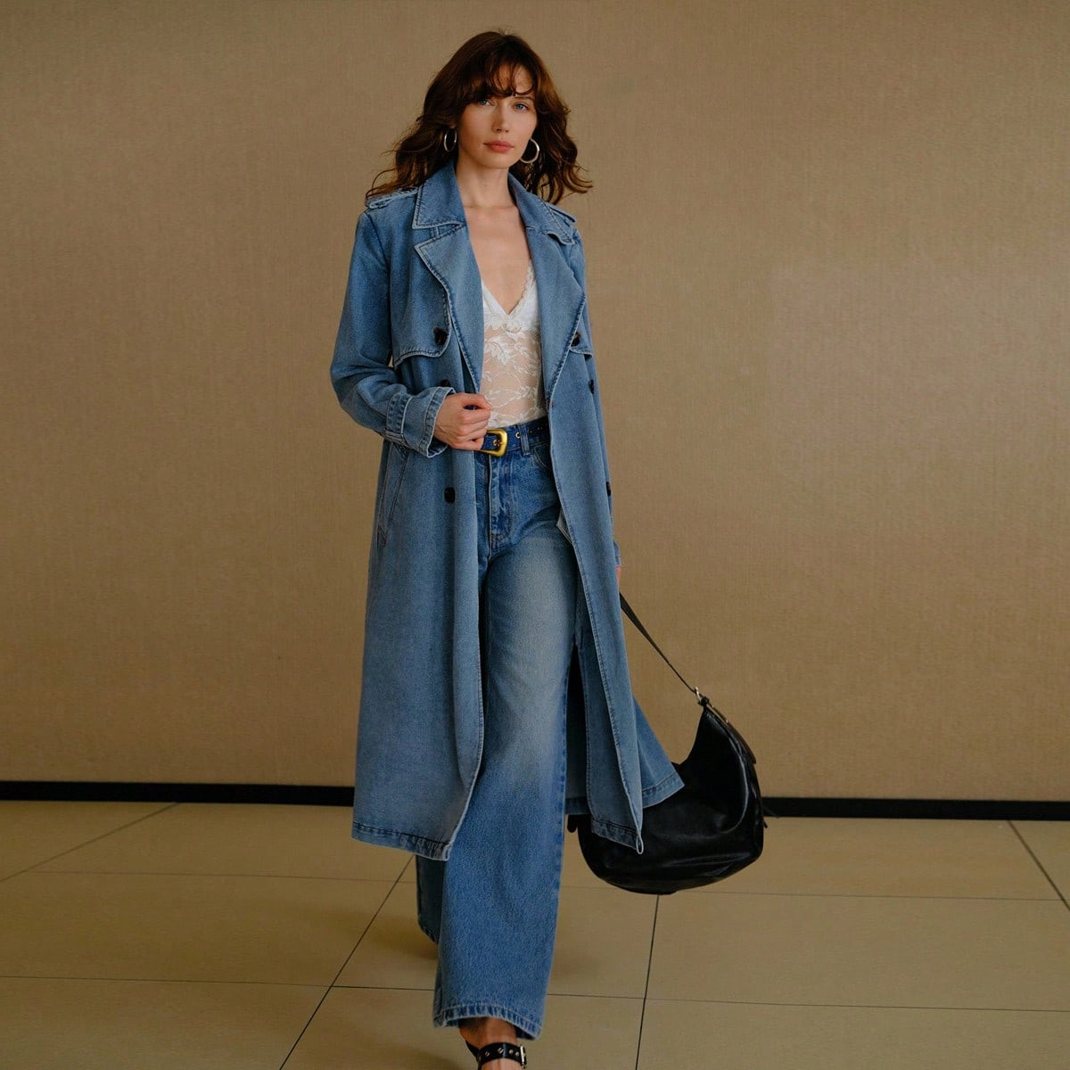 MOTF PREMIUM CASUAL ELEGANT LOOSE DOUBLE BREASTED PLACKET BELTED DENIM TRENCH COAT | SHEIN