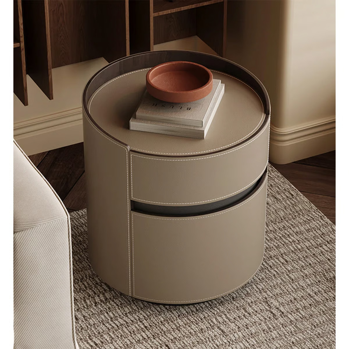 Modern Round Saddle Leather Double Draw Nightstand | Wayfair North America