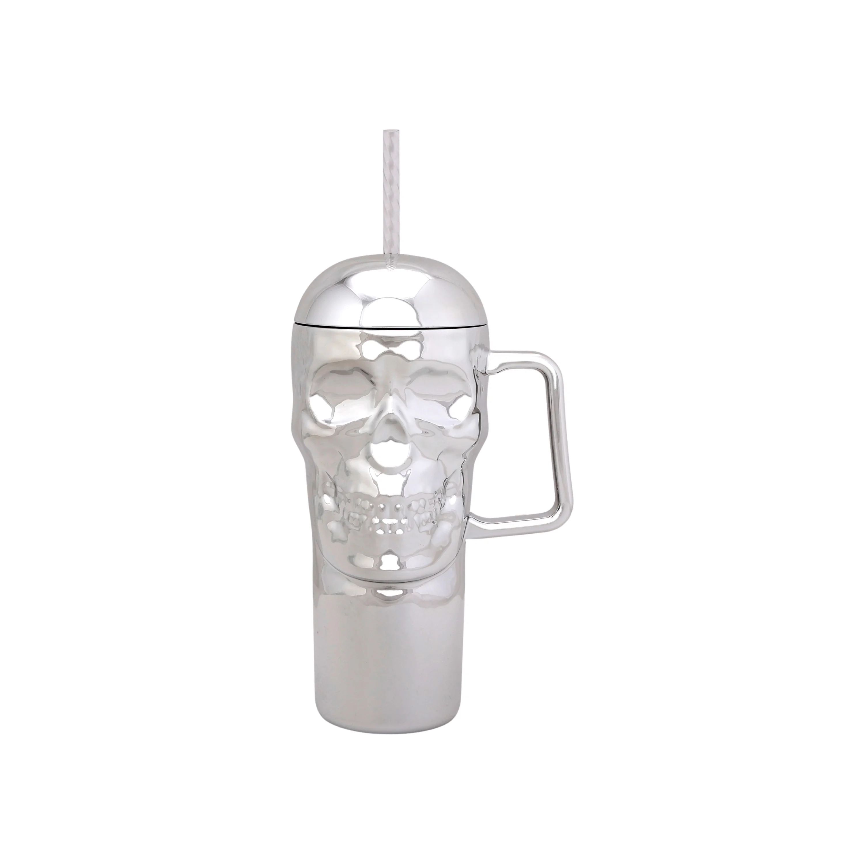 Way to Celebrate Halloween 30 oz Plastic Chrome Skull Tumbler with Straw and Handle, Chrome Silve... | Walmart (US)