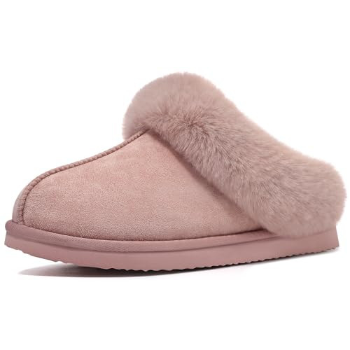Litfun Fuzzy House Slippers for Women Fluffy Memory Foam Suede Slippers with Faux Fur Collar Indoor Outdoor PinK, Size 10.5-11.5 | Amazon (US)