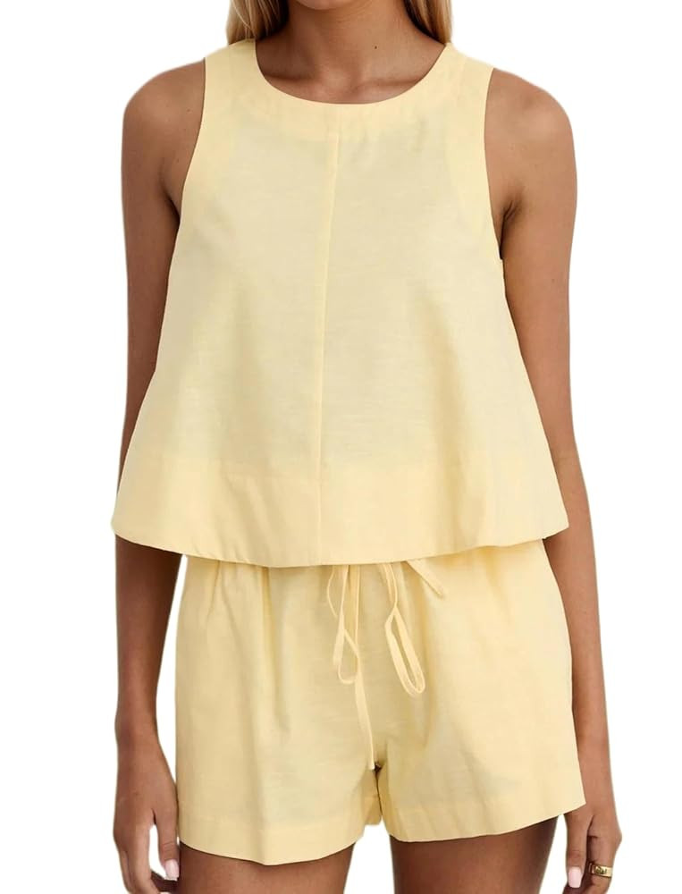 2 Piece Linen Short Sets Women Round Neck Sleeveless Loose Fit Tank Top High Elastic Waist Shorts... | Amazon (US)
