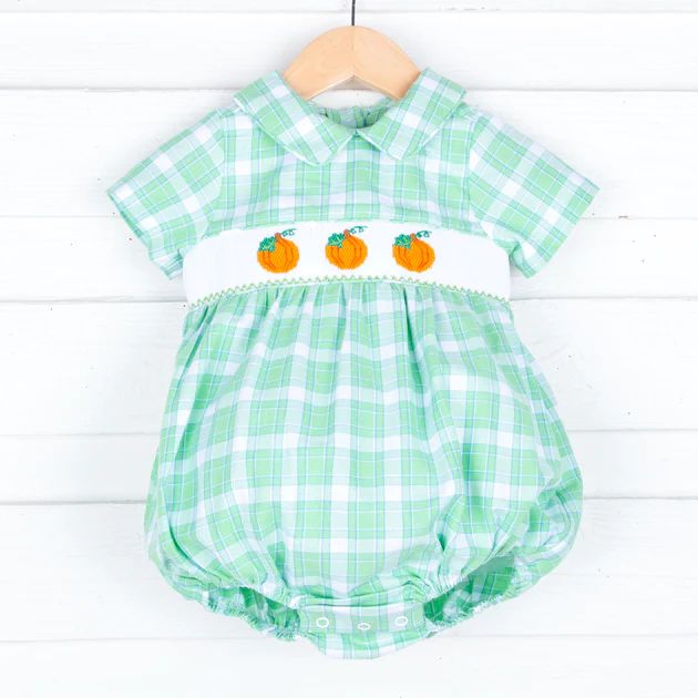 Green Plaid Pumpkins Smocked Boy Bubble | Classic Whimsy