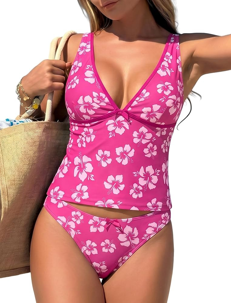 ZAFUL Women's Tankini Swimsuits V Neck Tummy Control Bow Color Block Two Piece Swimsuit Bathing S... | Amazon (US)