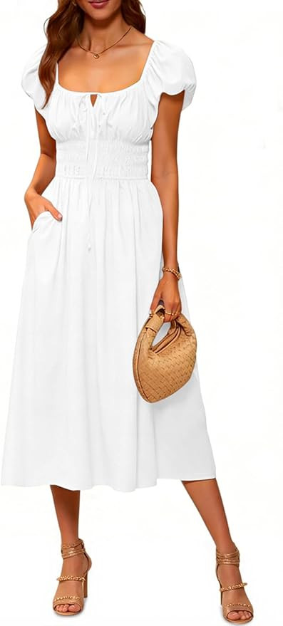 Yousify Women's Summer Dresses 2026 Short Puff Sleeve Midi Dress Casual Scoop Neck A Line Sundres... | Amazon (US)