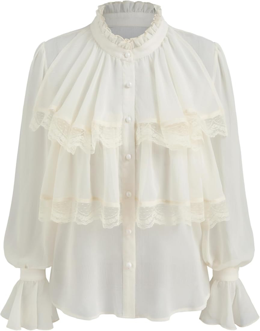 CIDER Chiffon High Neck Soild Lace Faux Pearl Long Sleeve Blouse | Amazon (US)