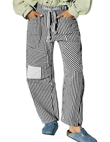 Pivanzore Baggy Barrel Jeans for Women Y2k Striped Drawstring High Waist Straight Wide Leg Boyfriend Jeans Mom Denim Pants(Black,Medium) | Amazon (US)