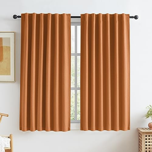 KEQIAOSUOCAI Back Tab Blackout Linen Curtains for Girls Bedroom, Textured Curtains Hook Belt Pinch Pleated Look Curtain Drapes for Widow Office Gym Workout W50 x L63 Inch 2 PCs Pumpkin Orange | Amazon (US)