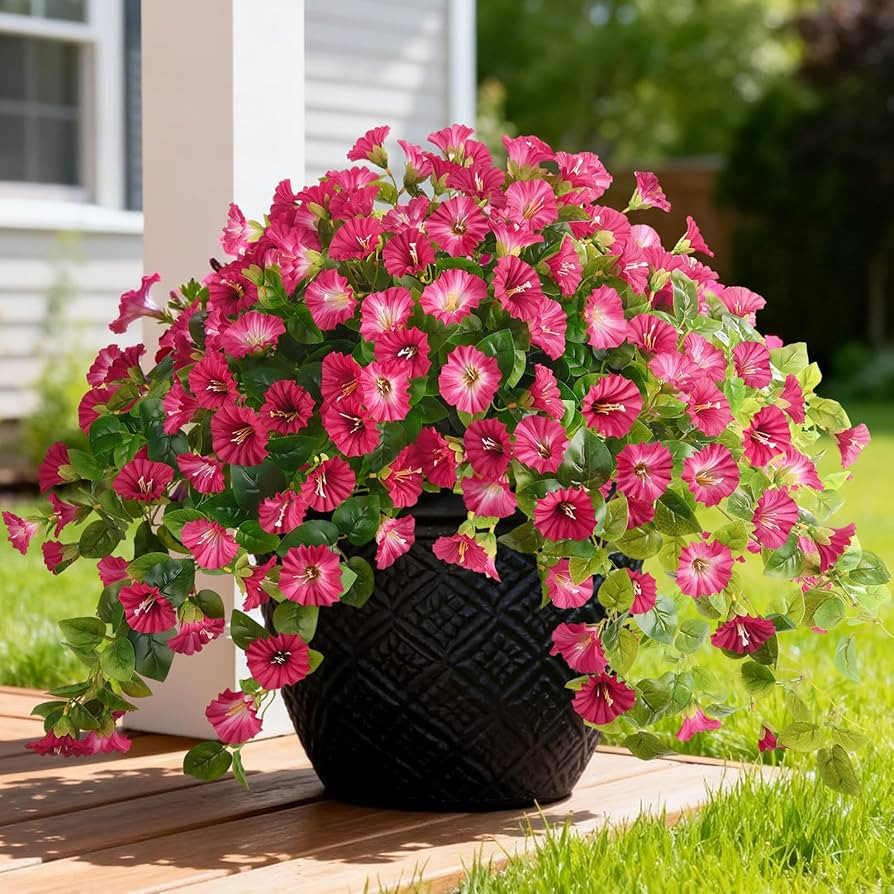 Homsunny Artificial Fake Flowers Plants UV Resistant, Faux Petunias Silk Flowers for Outdoors No Fade, Fake Outdoor Flowers for Planters Spring, Realistic Home Garden Balcony Yard Decor (Red) | Amazon (US)