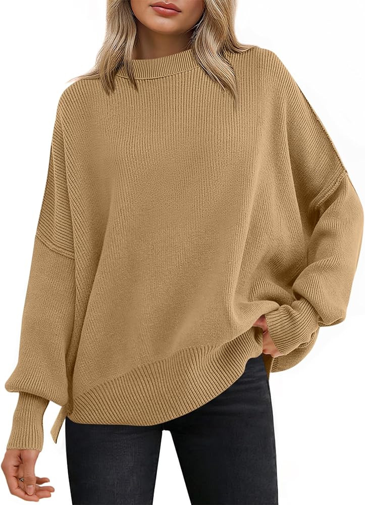 ANRABESS Women Oversized Sweaters Batwing Long Sleeve 2025 Fall Outfits Crewneck Casual Knit Side... | Amazon (US)