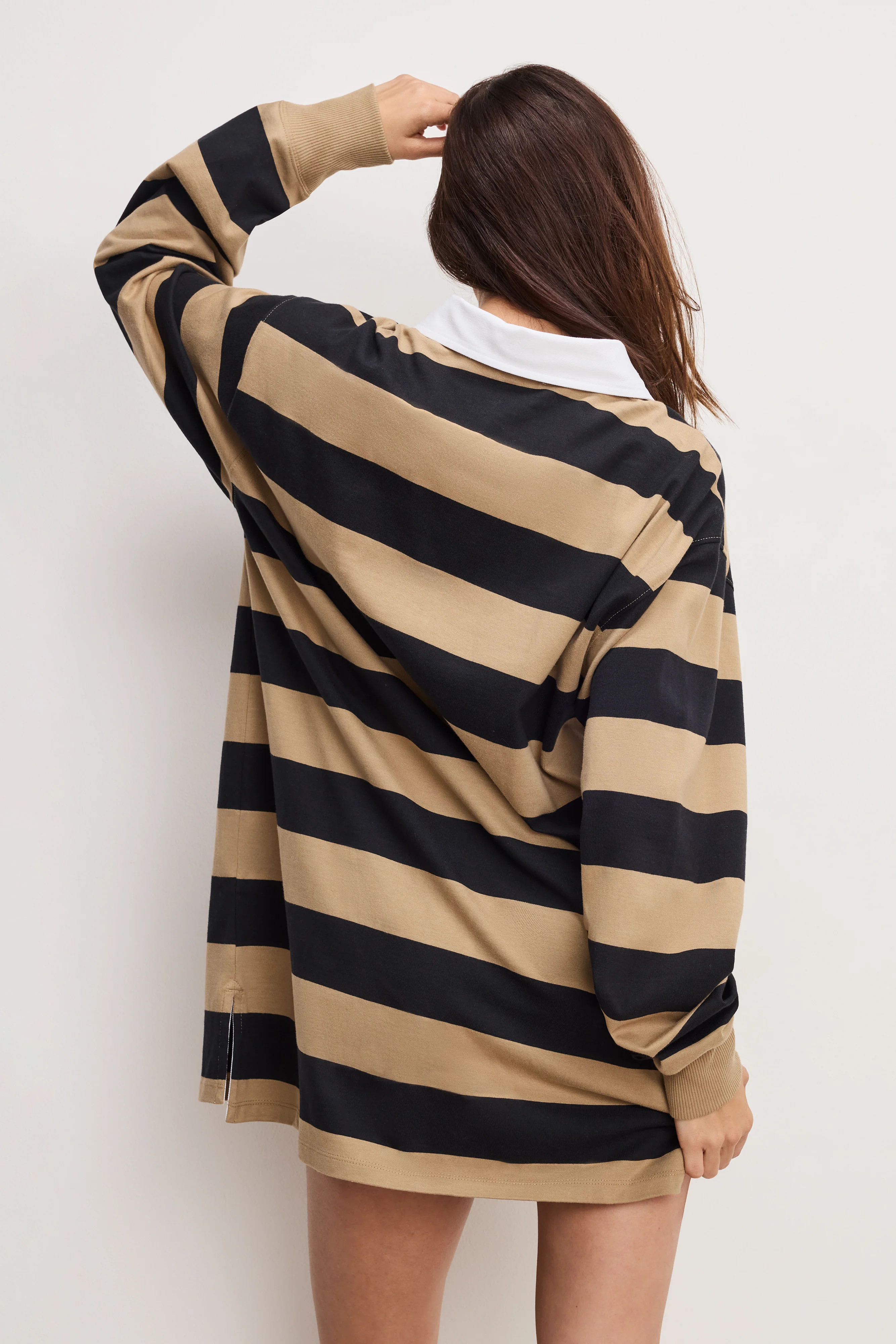 JERSEY POLO MINI DRESS | GOOD KHAKI AND BLACK RUGBY STRIPE001 - GOOD AMERICAN | Good American