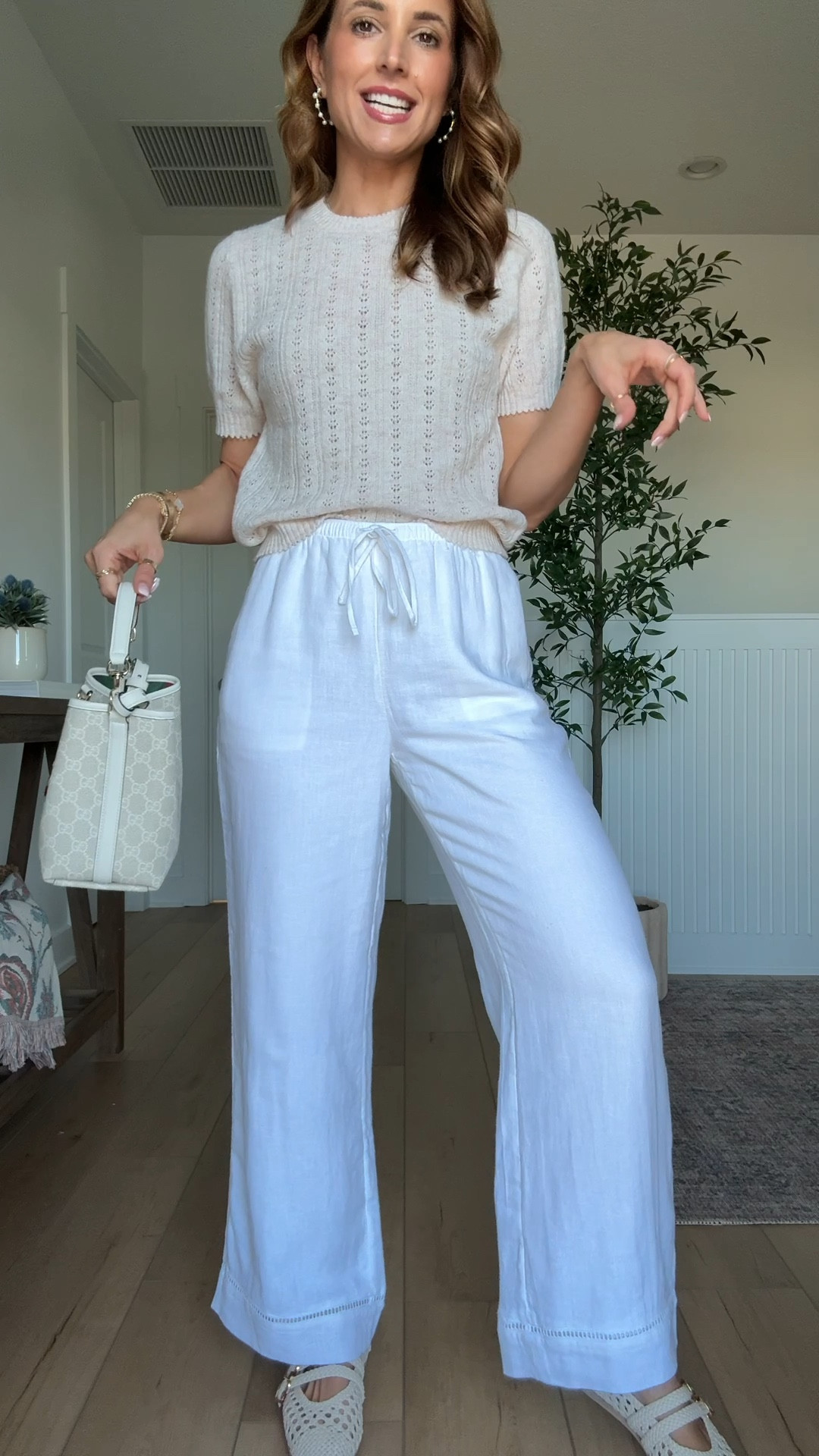 Abercrombie linen blend pull on pants in XXS short. Target neutral sweater top in XS. Gucci cream bucket bag size small. Resort wear. Spring outfit. Neutral outfit. Vacation outfit. *Top is an open stitch and needs something underneath!

#LTKgrwm #LTKootd #LTKTravel
