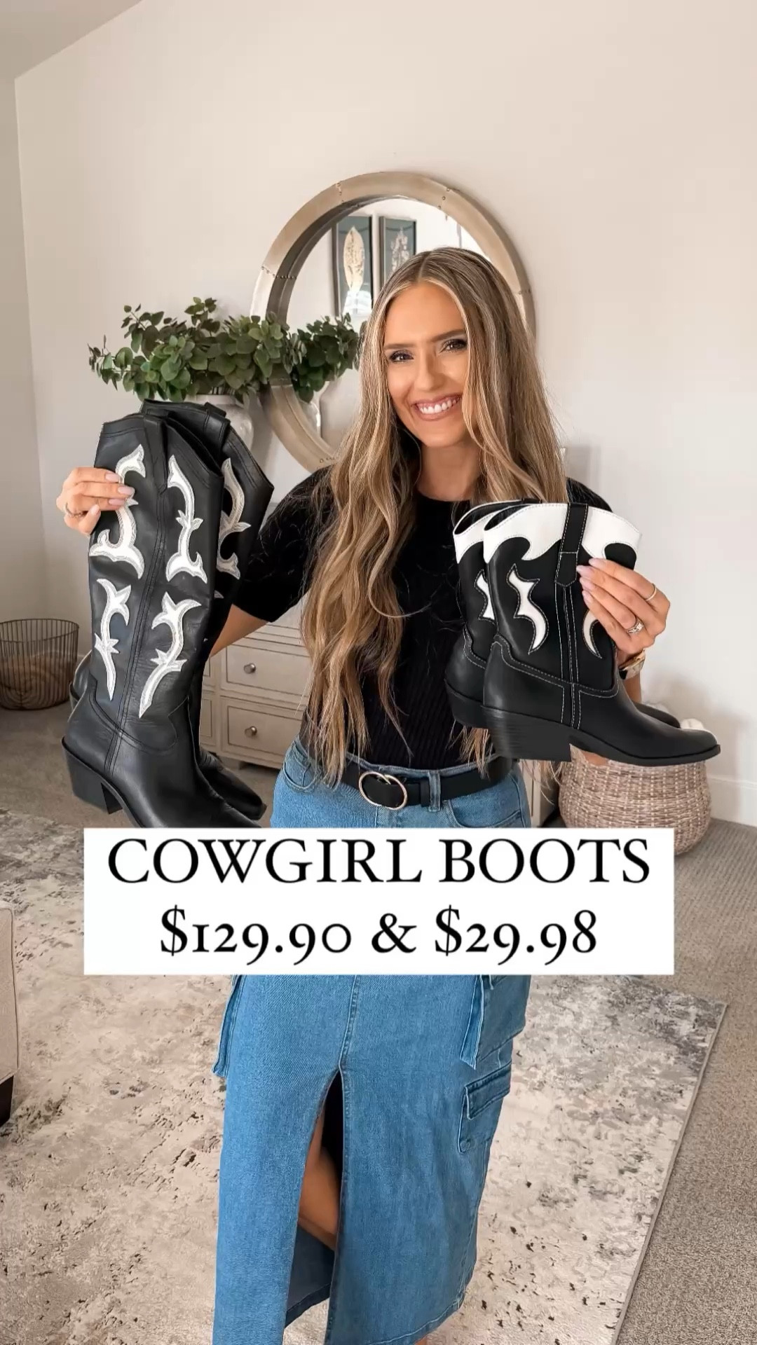 Two boots, similar styles, different budgets! 👢The designer boots bring that genuine leather luxury, while the Walmart boots keep it cute and affordable with faux leather. Let’s break down the details—design, quality, and vibe. Which one catches your eye?

Both cowgirl boots run true to size! I'm 5'8" and wear a size 10 for reference.

 I linked both the save and the splurge options for you ✨

You do NOT need to spend a lot of money to look and feel INCREDIBLE! I’m here to help the budget conscious get the luxury lifestyle.

Fall Fashion / Fall Outfit  / Walmart Fashion / Affordable / Budget / Women's Classic Outfit / Classic Style / Elevated Style / Dress Up or Down / The Look for Less / Skirt / Workwear / Denim Skirt / Country Concert Outfit / Cowgirl Boots / Midi Skirt / Rodeo Outfit / Eras Tour Outfit / Fall Family Pictures / Cowgirl Boots / Cowboy

#LTKShoeCrush #LTKFindsUnder100 #LTKFindsUnder50