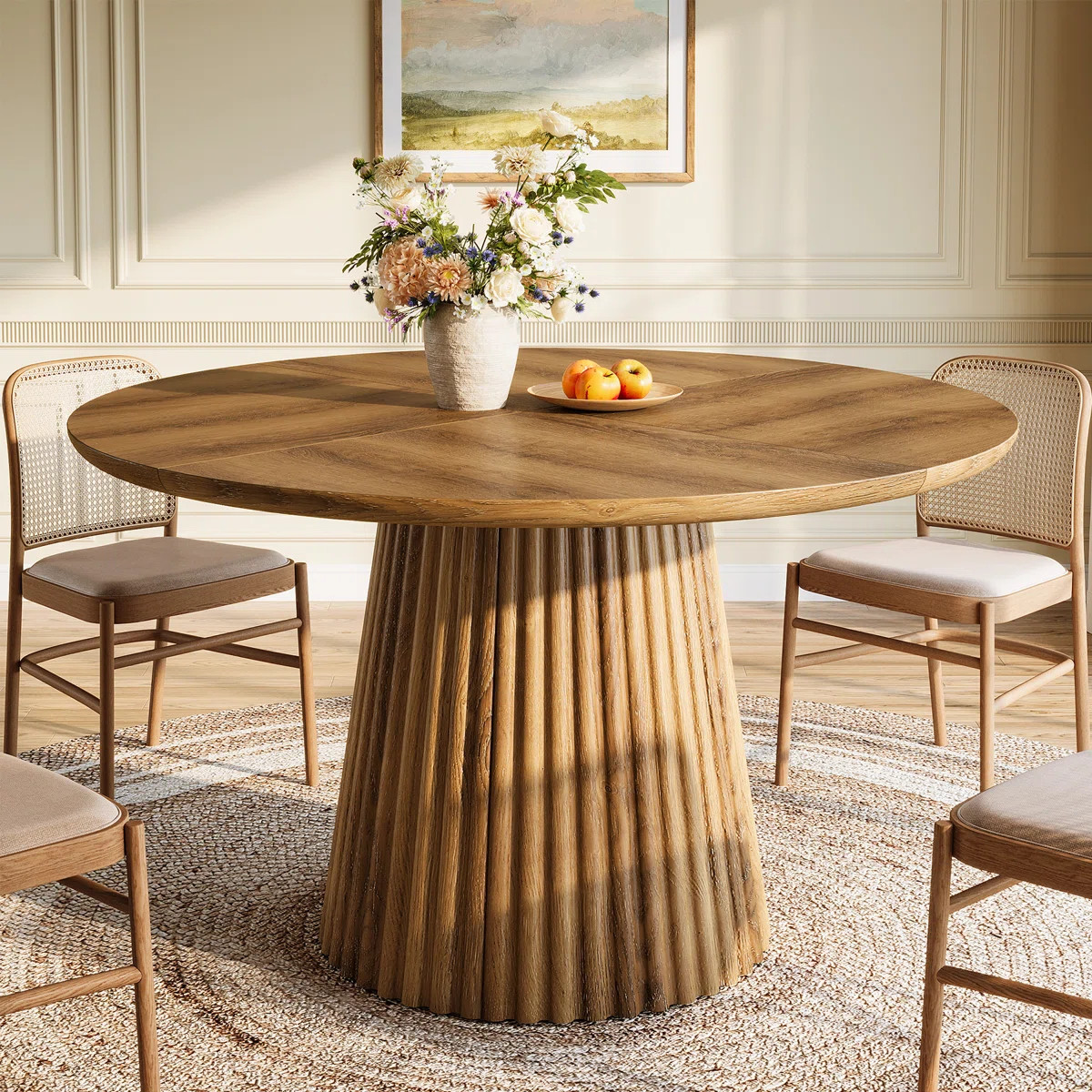 47" Round Dining Table For 4-6, Farmhouse Wood Kitchen Table With Metal Base For Dining Room | Wayfair North America