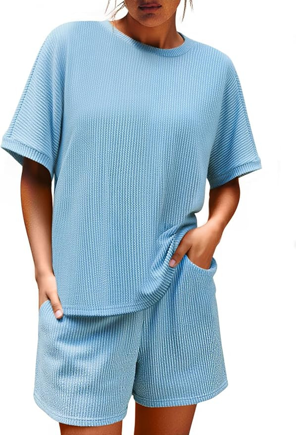 Imily Bela Womens 2 Piece Outfits 2025 Oversized Summer Short Sets Casual Beach Ribbed Short Slee... | Amazon (US)