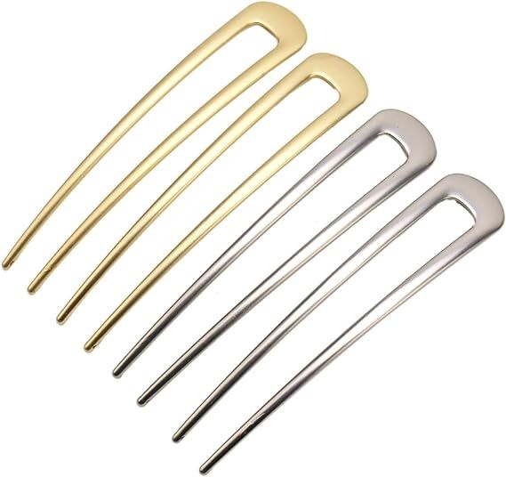 JETEHO 4 Pack Simple Metal U Shaped Hair Pin Fork Sticks 2 Prong Updo Chignon Pins,Silver and Gol... | Amazon (US)