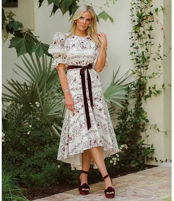 Antonio Melani x Nicola Bathie Emilia Floral Print Faille Jewel Neck Short Puff Sleeve Velvet Rib... | Dillard's