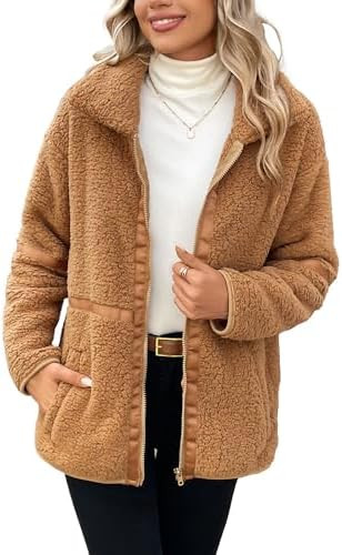 Women's Fleece Zip Up Sherpa Jacket Casual Stand Collar Patchwork Quilted Teddy Coat with Pockets | Amazon (US)