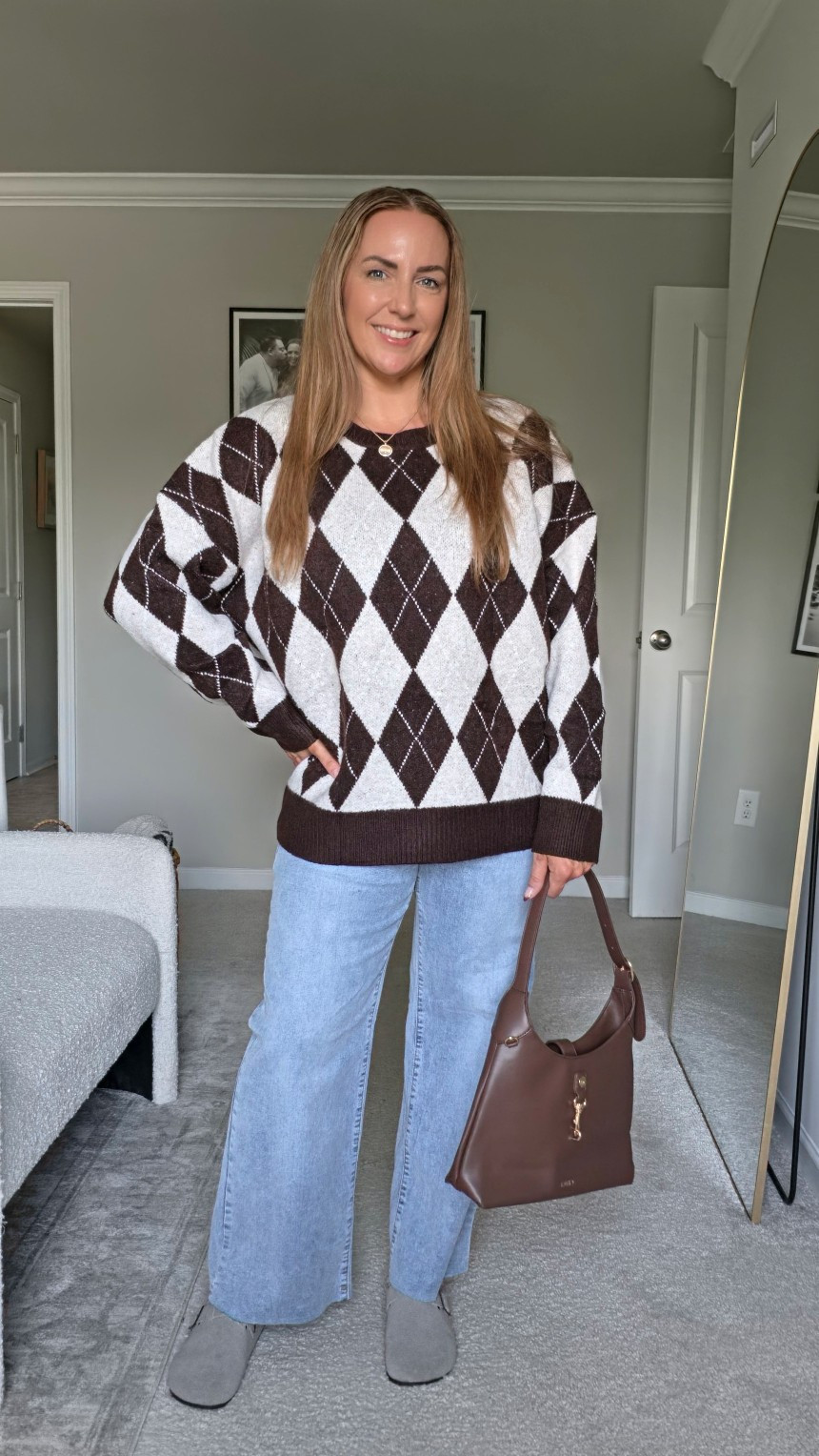 This oversized argyle sweater is the coziest statement piece for cool weather styling. Style it with wide-leg denim and clogs for a relaxed, elevated fall look.#falloutfit #argylesweater #casualstyle #everydaychic

#LTKSeasonal #LTKOver40 #LTKootd