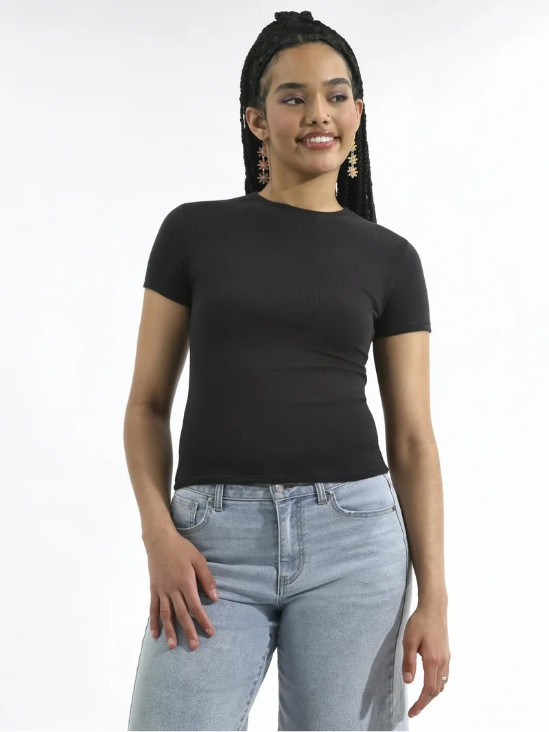 No Boundaries Cotton Stretch Ribbed Tee with Short Sleeves, Women's XS-3XL | Walmart (US)