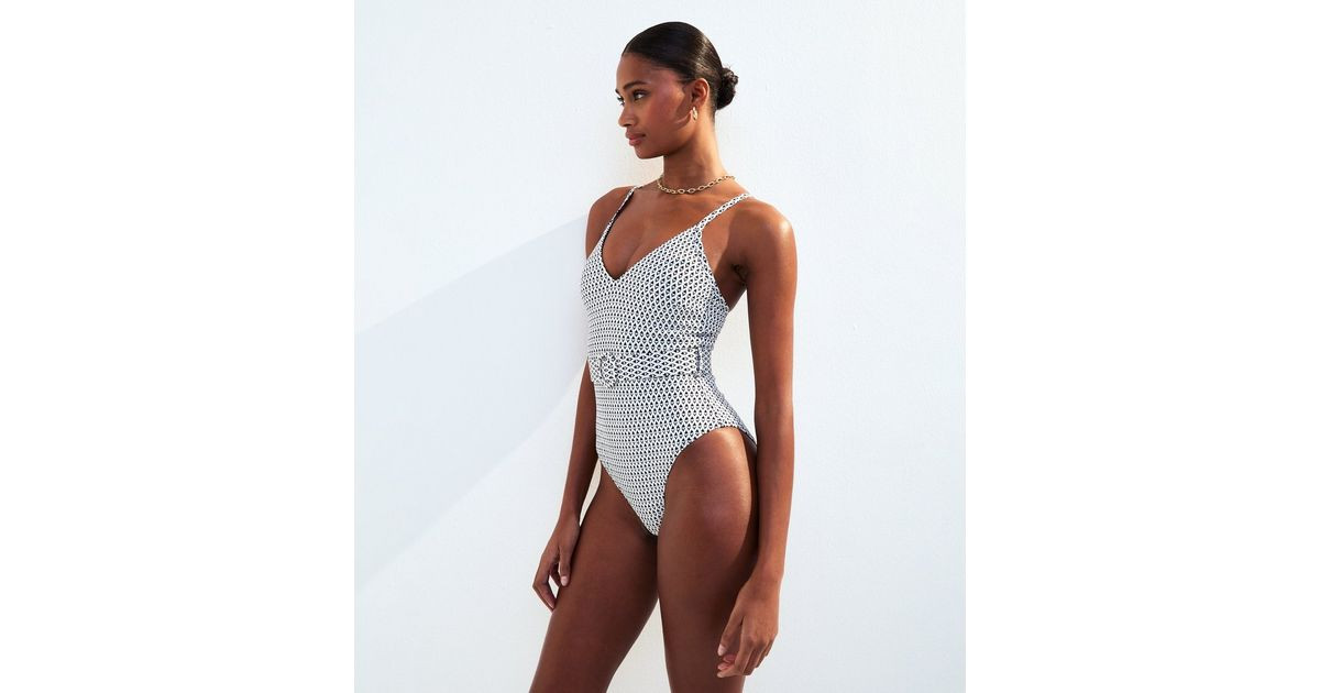Black Graphic Print V-Neck Swimsuit | New Look | New Look (UK)