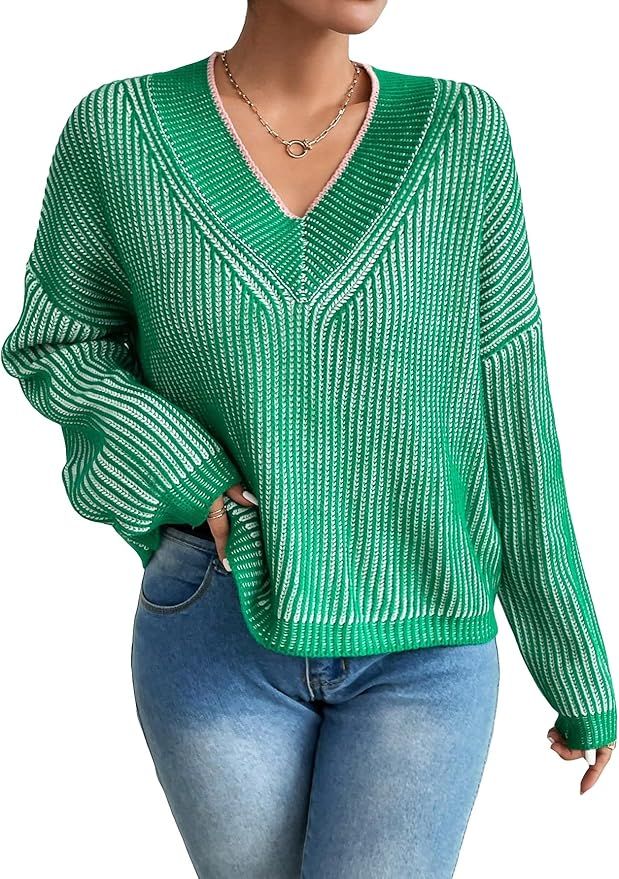 SweatyRocks Women's Striped V Neck Long Sleeve Sweater Drop Shoulder Loose Fit Pullover Knitwear ... | Amazon (US)