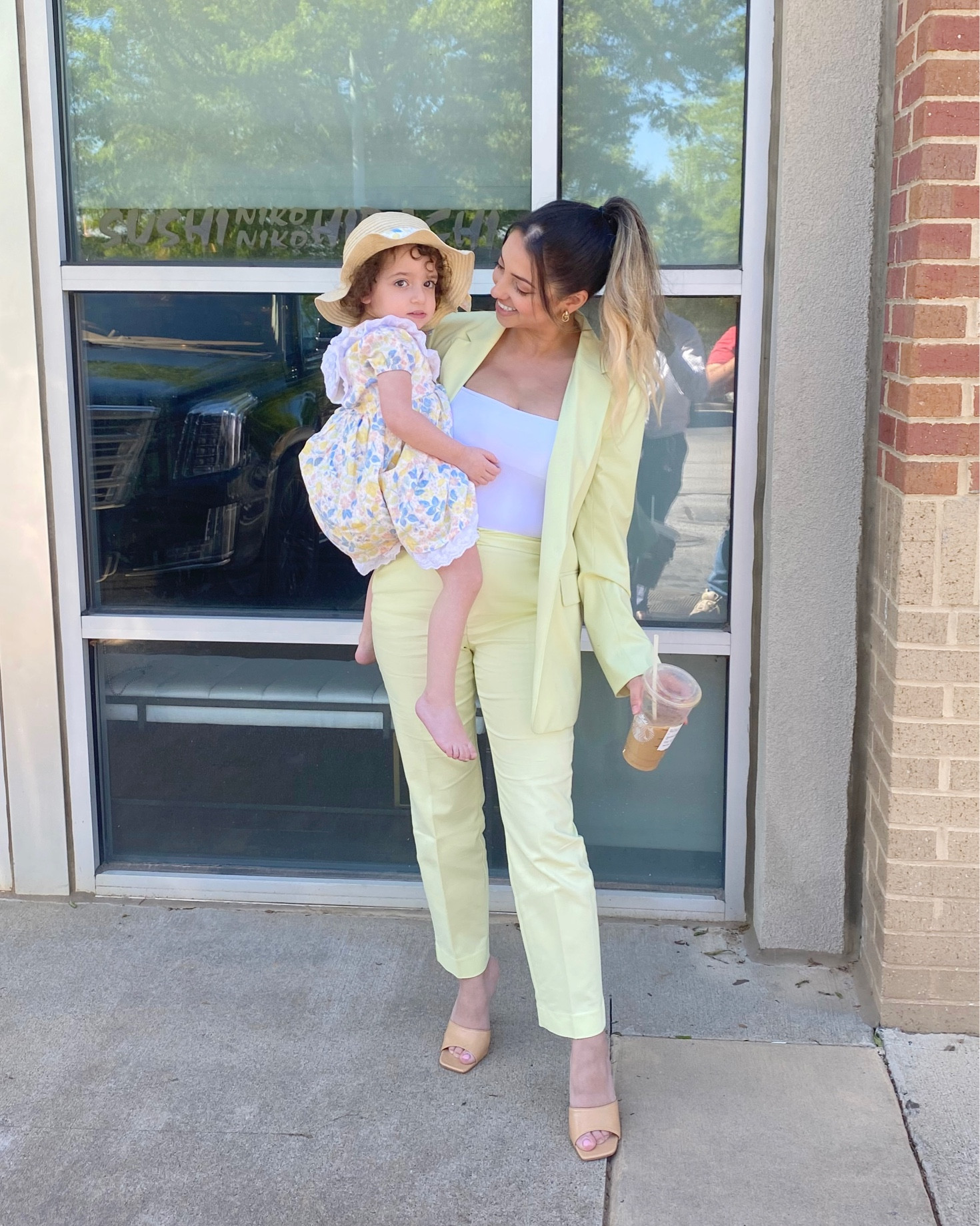 The most perfect pants and blazer matching suit set ever. The fit is so flattering. This pale yellow-green color is so unique and the perfect tone.
The set is a H&M new arrival.
Paired with a silky white square neck tank from Zara and nude mules.
My daughter’s toddler girls’ dress is a TJ Maxx find, it’s so adorable perfect floral print and color for Spring and came with the matching hat!

#LTKFind #LTKkids #LTKunder100