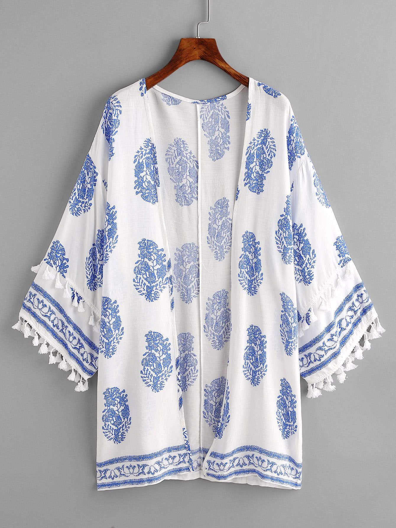 Tassel Trim Ornate Print Kimono | SHEIN