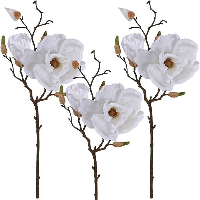 Winlyn 3 Pcs Silk Magnolia Flowers with Buds Branch Artificial Magnolia Blooms Wedding Flowers Bo... | Amazon (US)