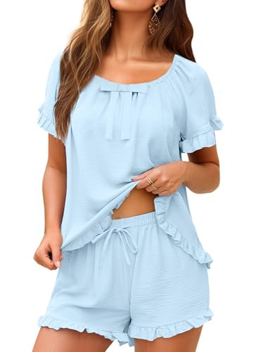 KFUBUO Womens Pajamas Set 2 Piece Ruffle Pj Soft Short Sleeve Tops and Shorts Sleepwear Set Cute Pajama Sets for Women Blue | Amazon (US)