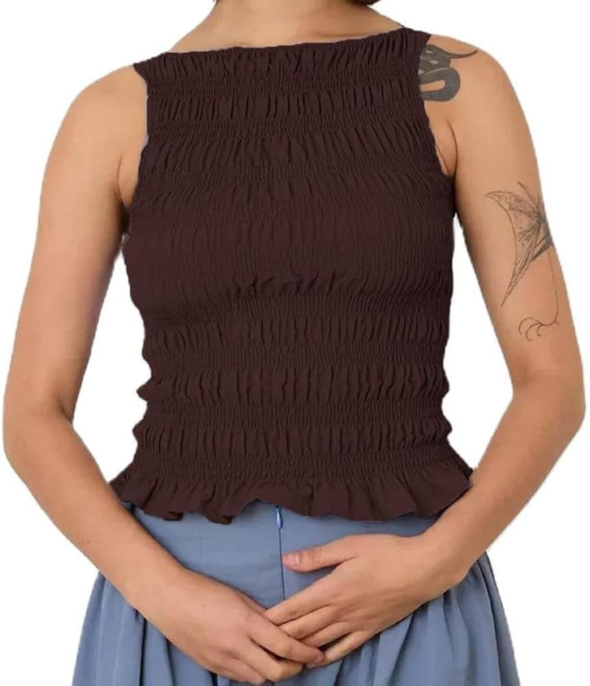 Women Smocked Tank Tops Y2k Ruffle Hem Shirred Crop Top Cute Sleeveless Peplum Shirt Summer Going... | Amazon (US)
