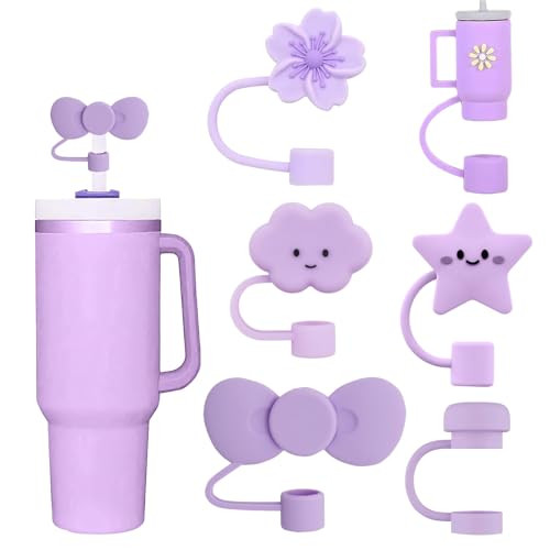 Purple Straw Cover Cap for Stanley Cup, 6pcs Silicone Flower Straw Toppers Compatible with 20 30 40 Oz Tumbler with Handle, 0.4in/10mm Cute Dust Proof Reusable Straws Stopper Accessories | Amazon (US)