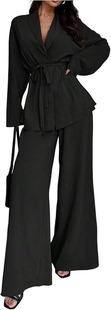 MakeMeChic Women's 2 Piece Fall Outfits Collar V Neck Long Sleeve Belted Blouse and Wide Leg Pant... | Amazon (US)