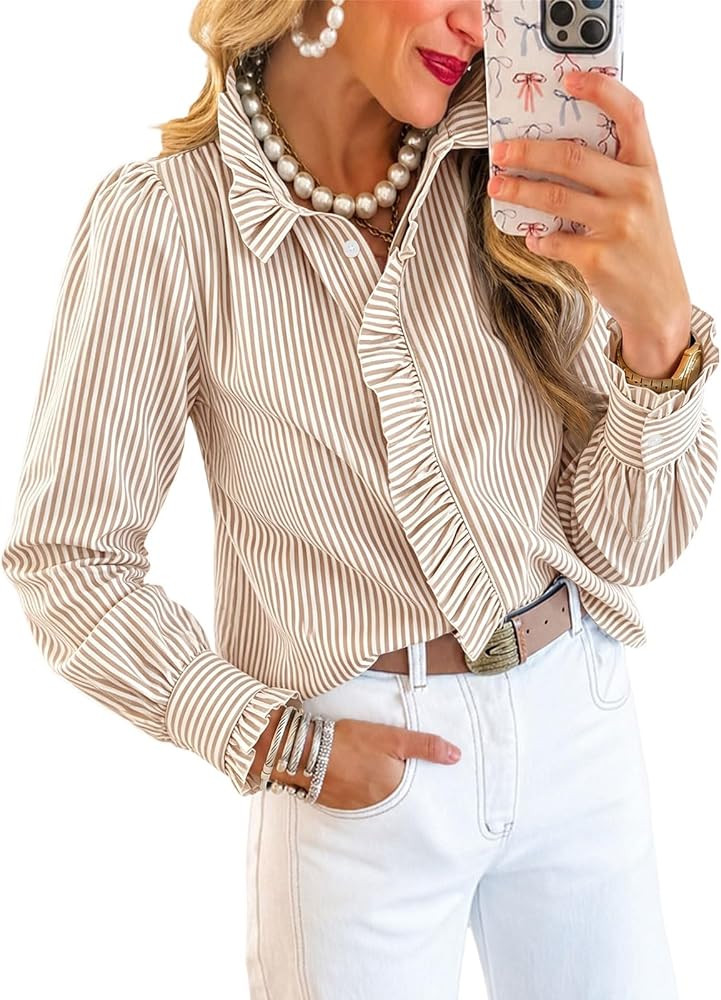 Womens Puffy Sleeves Tops Ruffle Shirt Striped Work Babydoll Collar Blouse     Puff Sleeve Tops,P... | Amazon (US)