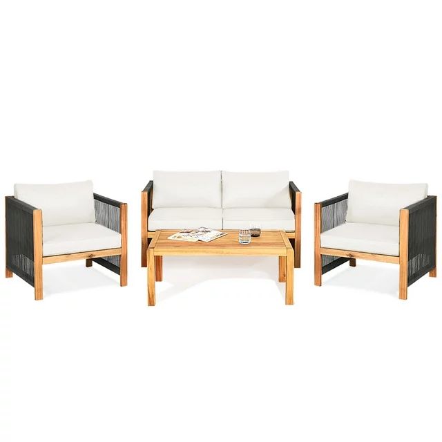 Gymax 4PCS Acacia Wood Outdoor Patio Furniture Conversation Set W/ White Cushions | Walmart (US)