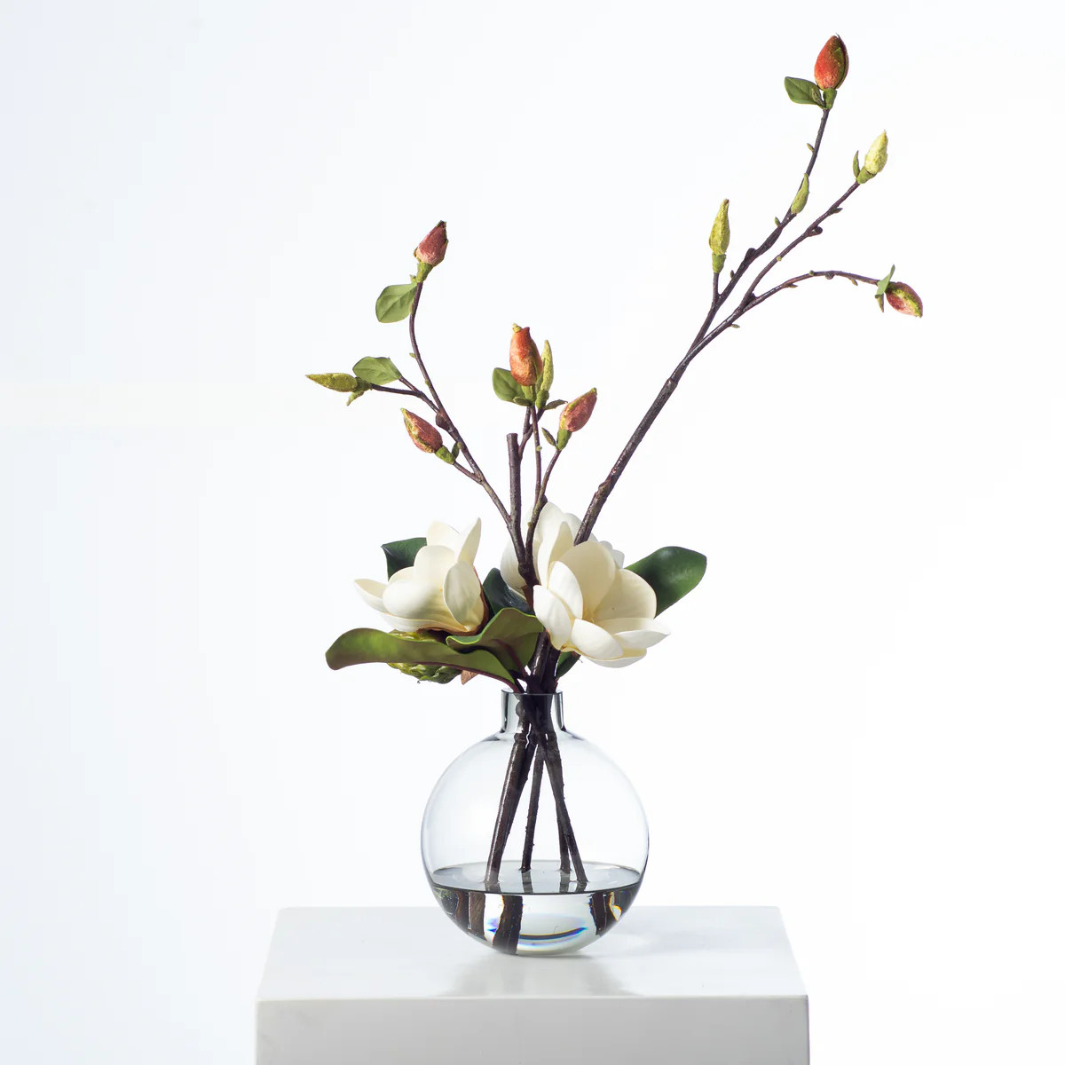 Real Touch Cream Magnolia Blooms & Budding Branches in Modern Smoke Ball Vase Water Illusion Arra... | Darby Creek Trading