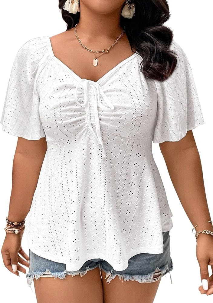Eytino Womens Plus Size Tops Sweetheart Neck Short Sleeve Eyelet Embroidery Summer Loose Peplum S... | Amazon (US)