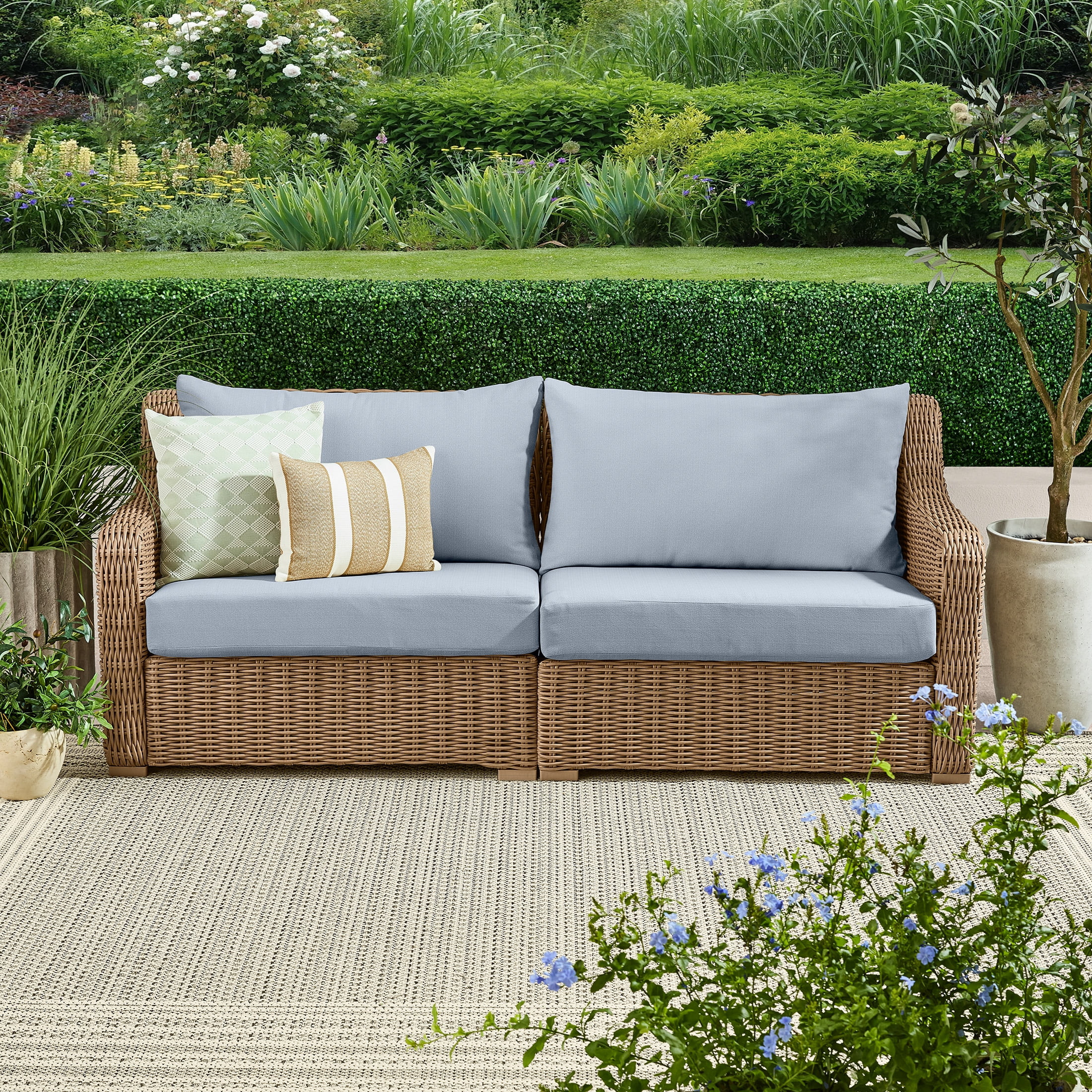 Better Homes & Gardens Bellamy 1 Pc Outdoor Sofa, Tan Wicker/Blue Cushion | Walmart (US)