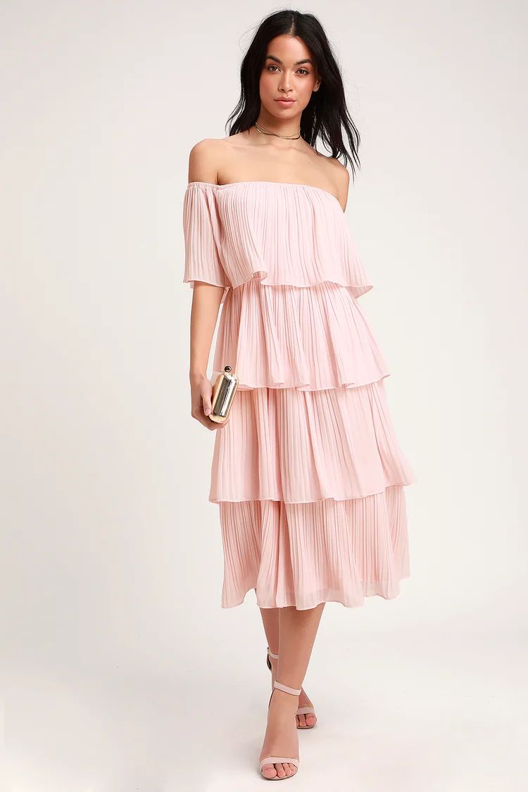 Gala Ready Blush Pink Off-the-Shoulder Ruffle Midi Dress | Lulus