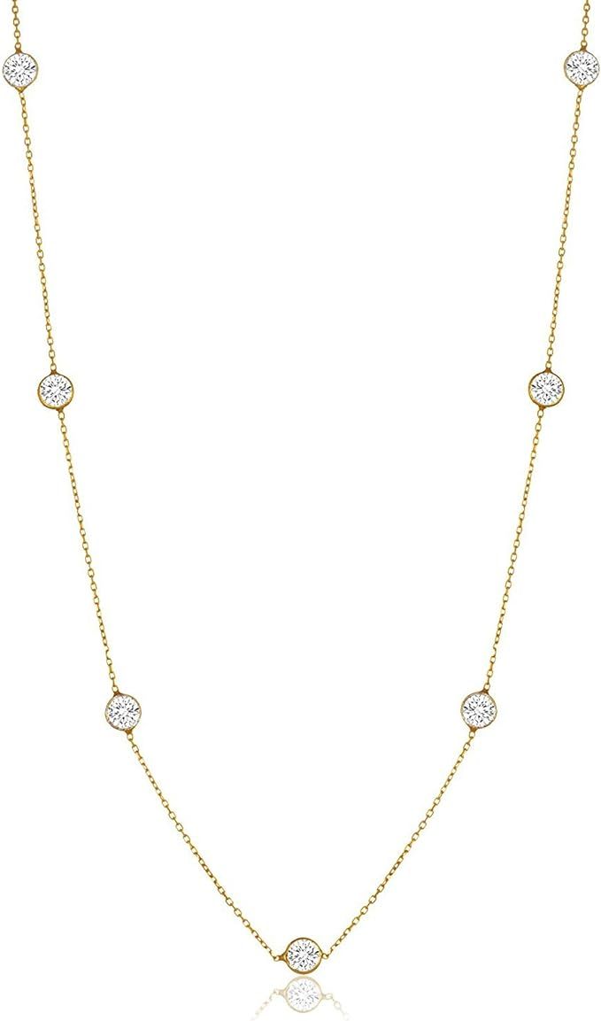 NYC Sterling Women Gold Plated Sterling Silver 3MM Round Cubic Zirconia Station Necklace | Amazon (US)